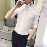 Shirt Collections Summer New Slim Fit Tuxedo Shirt Half Sleeve Fashion Embroidery Casual Business Simple Dress Shirts Mens 3XL-M